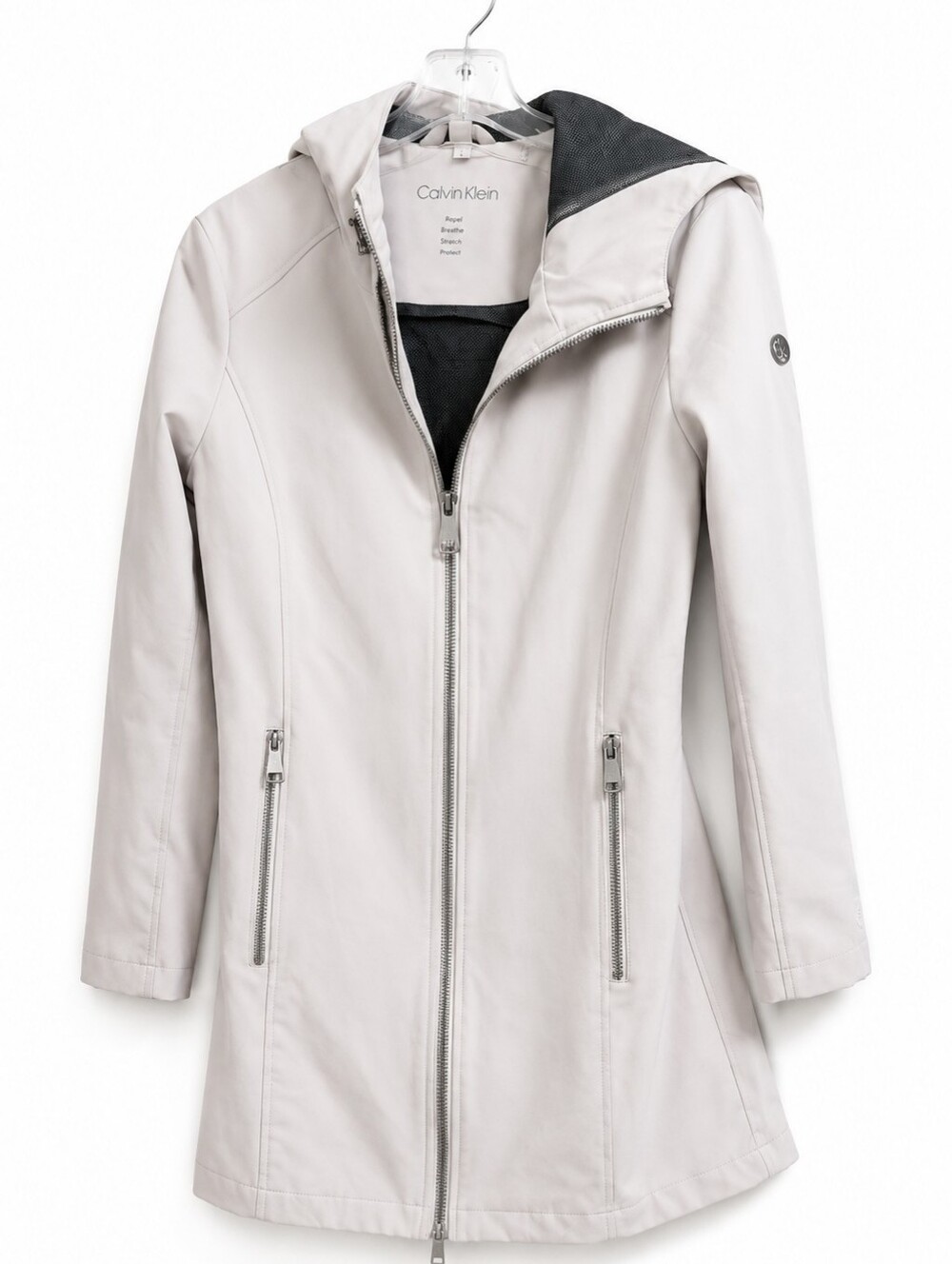 Calvin Klein Women's Soft Shell Jacket Small Beige Hooded Full Zip Rain Coat